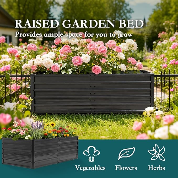 DUMOS Galvanized Raised Garden Bed Outdoor, 6x3x2ft Metal Planter Box for Deep-Rooted Vegetables Flowers Herbs, Rectangular Planter Raised Bed for Patio Balcony Backyard, Open Bottom, Dark Gray