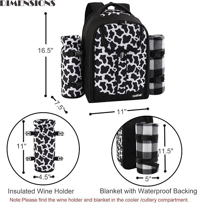 apollo walker Picnic Backpack Bag for 2 Person with Cooler Compartment, Detachable Bottle/Wine Holder, Fleece Blanket, Plates and Cutlery Set (2 Person, Black)