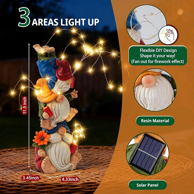 Gnomes Decorations for Yard, Triple Stacked with DIY Firework Lights, Solar Garden Gnome Outdoor Decor Statue for Patio Lawn, Mothers Day Birthday Gift for Mom Grandma (11.5in)