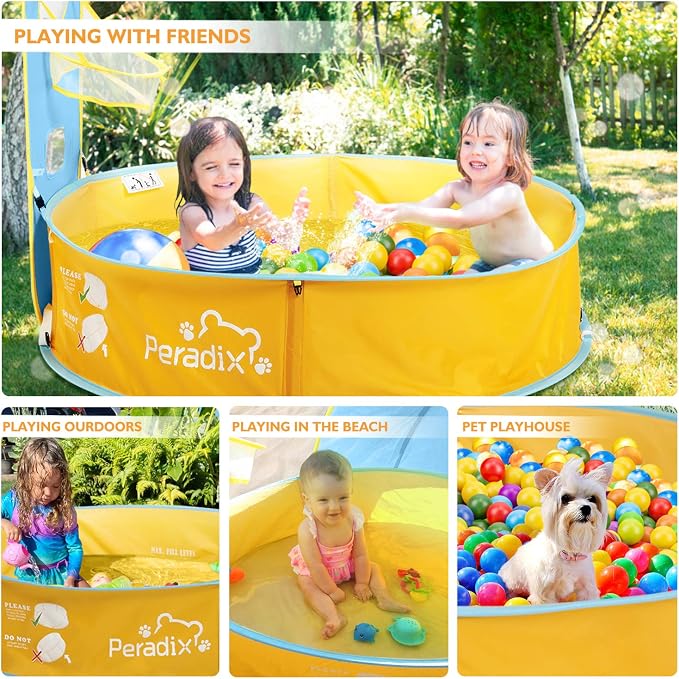 Peradix Paddling Pool for Kids & Pets, Kids Ball Pit Tent 3 in 1, Pop Up Wading Pool Tent with UV Protection Sunshade Canopy Basketball Hoop, Portable Beach Backyard Toys for Indoor Outdoor Activity
