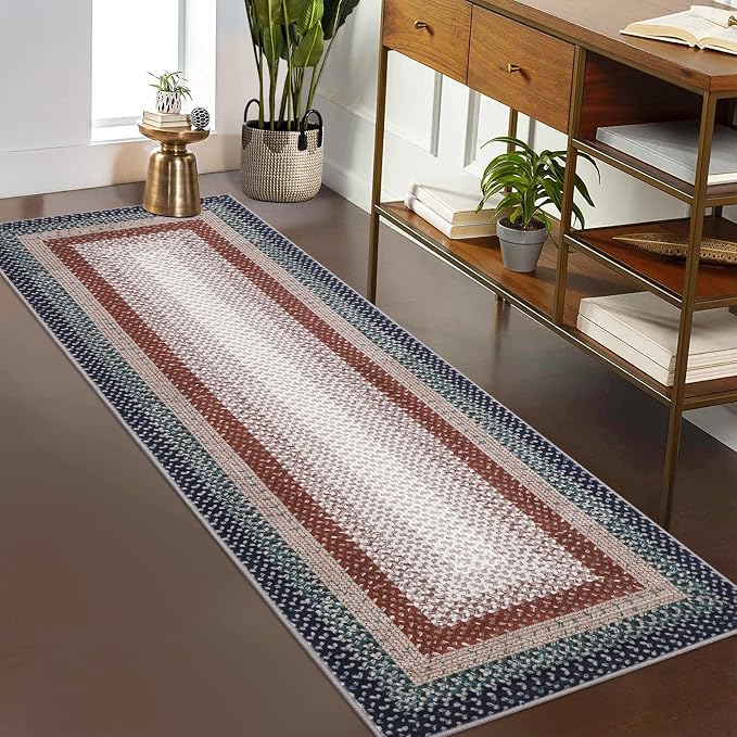 RUGSREAL Hallway Runner Rug 2x6 Braided Machine Washable Kitchen Rugs | Low Pile Farmhouse Runner Non Slip Stain Resistant Rustic Runners Modern Printed Carpet for Living Room Bedroom, Olive/Brown