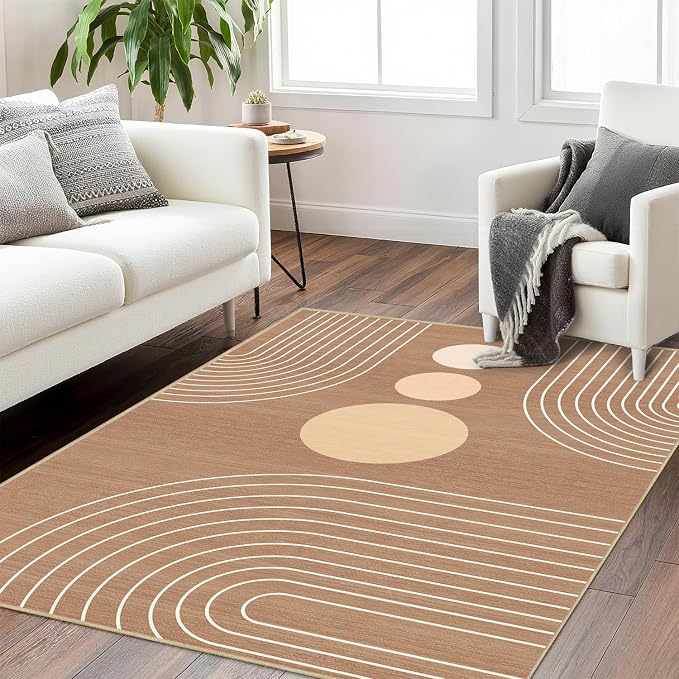 Boho Rug 4x6 Modern Geometric Minimalist Abstract Area Rug for Living Room Brown Mid Century Modern Contemporary Machine Washable Non-Slip Printed Low-Pile Carpet Dining Room Bedroom Office Brown
