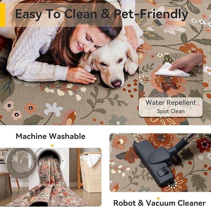 RELEANY Floral Washable 3x5 Area Rugs Brown/Brick | Flower Carpet, Print, Boho, Non-Slip, Easy to Clean, Soft, Low Pile for Living Room Bedroom Kitchen Office Entryway Hallway