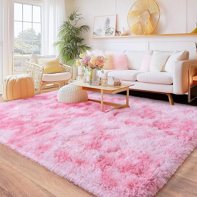 Rugs for Bedroom, Ultra Fluffy Fuzzy Shag 5x7 Area Rug for Living Room, Modern Plush Soft Upgrade Non-Slip Carpet for Kids Girls and Boys, Dorms, Nursery, Home Decor, Tie-Dyed Pink