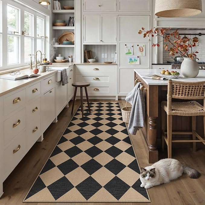 PureCozy 2x8 Checkered Easy Jute Runner Rug Non Slip Hallway Kitchen Washable Outdoor Rug for Entryway Indoor Checkerboard Black Long Indoor Outdoor Carpet for Bedside Entry Front Door Porch