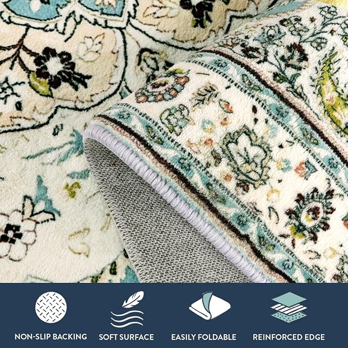 Lahome Felice Floral Medallion Area Rug - 2x4.3 Hallway Rug Runner Kitchen Sink Mat Turkish Faux Wool Non-Slip Washable Low-Pile Carpet for Indoor Laundry Bedroom Entrance Bathroom, Sky/Baby Blue