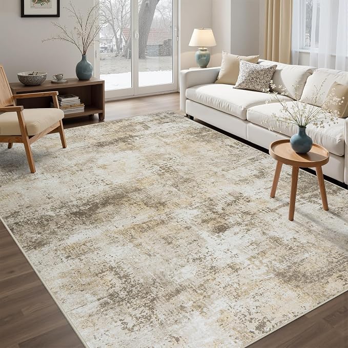 Tosuoka 6x9 Area Rugs for Living Room Abstract Washable Beige Grey Rug | With Anti-Slip Backing，Non-Shedding，Stain-Resistant，Soft Modern Large Carpet for Bedroom Dining Room Farmhouse Nursery