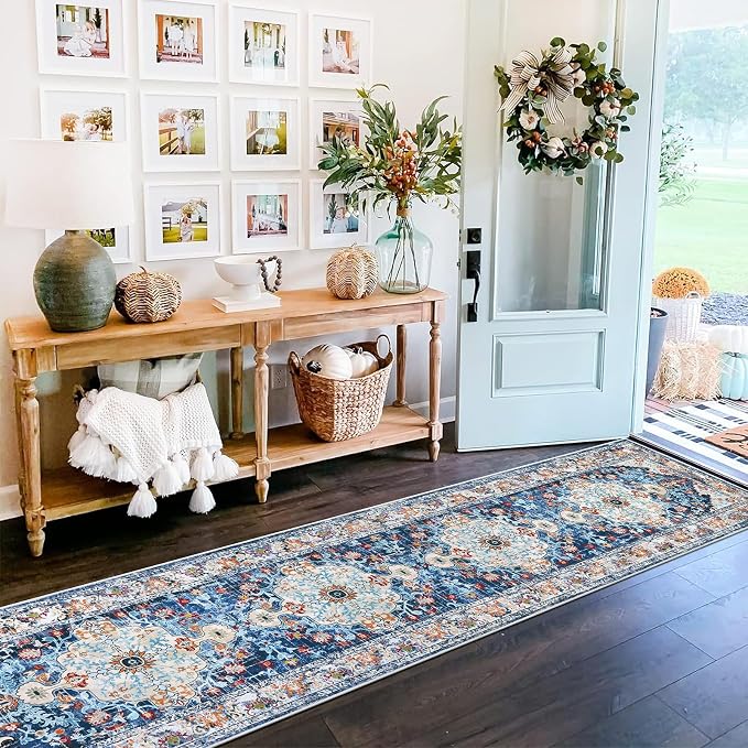 U'Artlines 2' x 10' Boho Hallway Runner Rug, Non Slip Washable Vintage Farmhouse Accent Area Rug Carpet for Kitchen Entryway Laundry and Living Room (Blue) | Vintage Farmhouse Kitchen Rug Accent Area Carpet for Entryway Laundry and Living Room