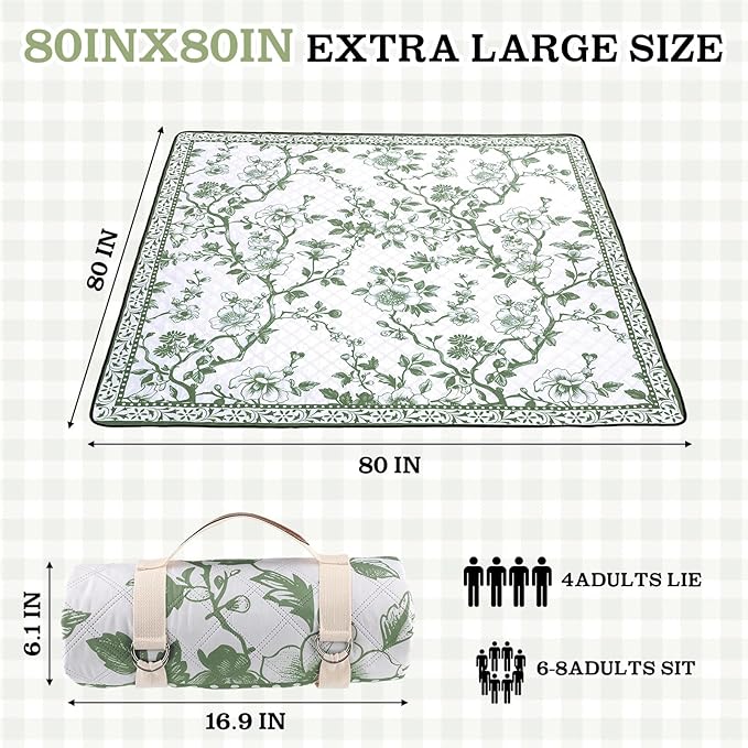 Newwiee 80 x 80 Inch Green Floral Picnic Blanket Extra Large Outdoor Chinoiserie Picnic Mat with Carry Strap Waterproof Sandproof Blanket Foldable Portable for Beach Camping Grass Lawn Park