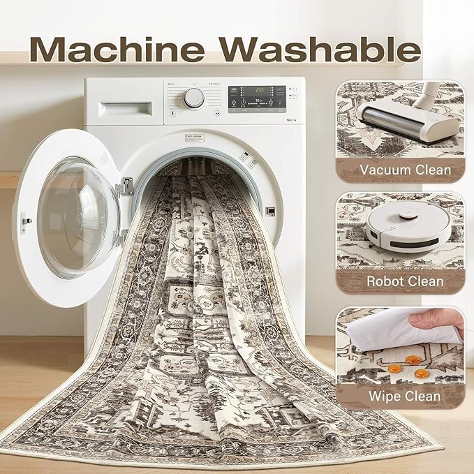 Vintage Washable 5x7 Area Rug for Living Room, Dark Brown | Soft Low Pile Rug with Non-Slip Backing, Stain Resistant for Bedroom or Dining Room, Kid & Pet Friendly