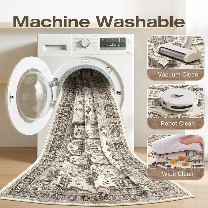 Vintage Washable 7x9 Area Rug for Living Room, Dark Brown | Soft Low Pile Rug with Non-Slip Backing, Stain Resistant for Bedroom or Dining Room, Kid & Pet Friendly