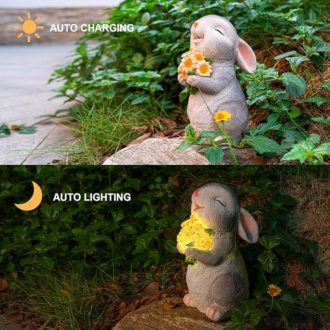 Solar Rabbit Garden Statues Outdoor Bunny Decor Resin Rabbit Figurine Holding Sunflower with LED Lights for Proch Patio Lawn Yard Mother's Day Christmas Birthday Gardening Gifts for Mom Women