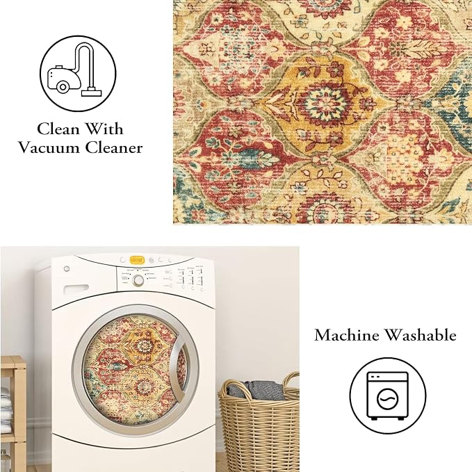 Lahome Moroccan Washable Rugs for Living Room, Soft 4x6 Rug for Bedroom | Non-Slip Vintage Trellis Ultra-Thin Throw Carpet for Dining Room Office Nursery Elise, Red/Orange
