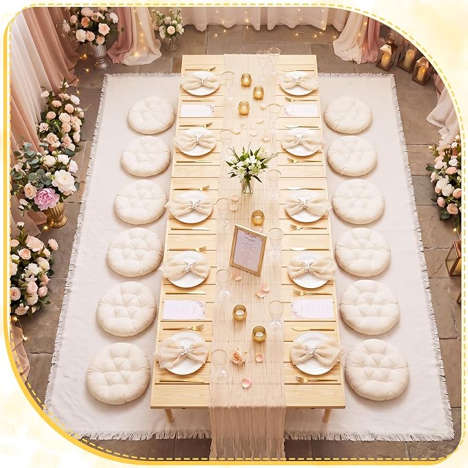 Beeveer 71x150'' Extra Large Outdoor Picnic Blanket with Beige Table Runner 12 Napkins and 12 Beige Floor Pillow Cushions for Picnic Party Camping Wedding Bachelorette Birthday Baby Shower Decor
