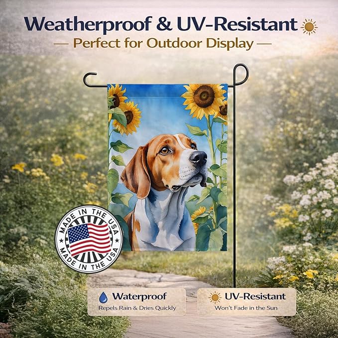 Caroline's Treasures DAC6074GF English Foxhound in Sunflowers Garden Flag Mailbox Flag Decorative Yard Flag Banner Outside Patio Artwork Yard Flower Beds, Garden Size, Multicolor