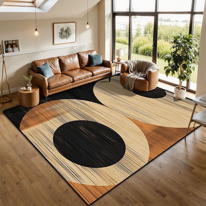 10x14 Area Rugs for Living Room Mid Century Boho Modern Geometric Black Brown Bohemian Abstract Half Washable Large Area Rug for Bedroom Non Slip Outdoor Carpets Soft Mats Kitchen Home Office Decor