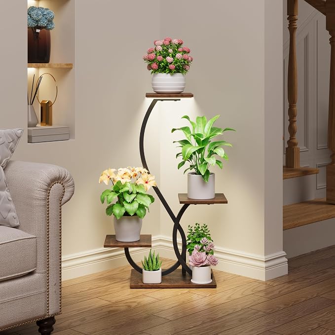 BACEKOLL Plant Stand Indoor with Grow Lights - S-Shaped Plant Shelf, Lighted Corner Plant Stands for Indoor Growing, 32" Metal Flower Holder, 4 Tiered Decorative Shelves for Home, Hallway, Black