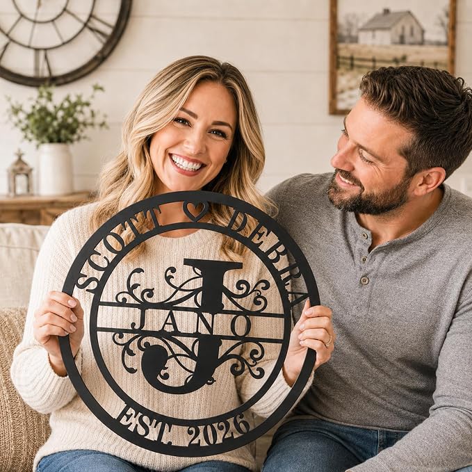 Wedding Gifts for Couples 2026, Personalized Last Name Sign for Home, Custom Metal Family Name Sign with Monogram Initial & Established Year, Rustic Farmhouse Wall Decor, Anniversary Wedding Gift, Housewarming Gift for Couples and Families