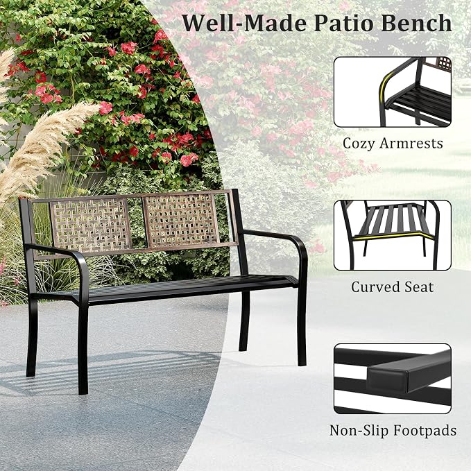 Tangkula 50” Outdoor Metal Park Bench, Outdoor Garden Bench for 2-3 People with Rattan-Like Backrest & Curved Armrests, Heavy-Duty Patio Modern Slatted Seating for Backyard, Poolside, Porch