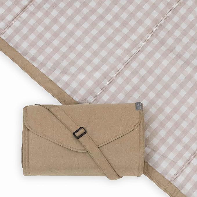 Little Unicorn 5'x7' Outdoor Family Picnic & Beach Blanket | Durable & Water-Resistant Fabric | Compact Fold & Easily Wipes Clean | Zipper Pocket (Beige Buffalo Check