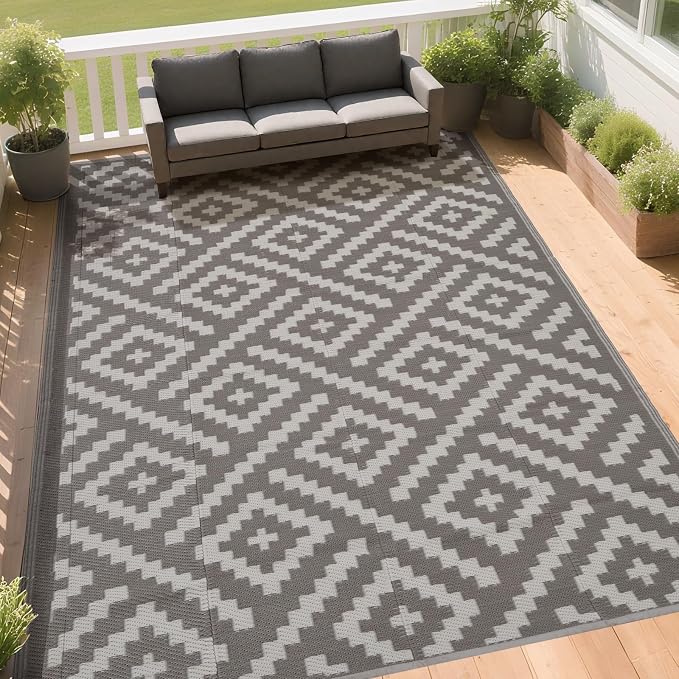RURALITY Outdoor Rugs 8x10 Feet for Patios Clearance,Plastic Straw Waterproof Mats for Backyard,Porch,Deck,Balcony,Coffee&Beige