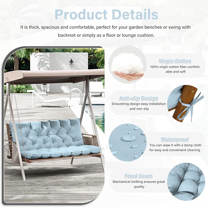 Porch Swing Cushion with Backrest,Waterproof Bench Cushion for Outdoor Furniture,2-3 Seater Replacement Thickened 5 in swing cushion,with Ties,Patio,Outdoor,Backyard and Garden (Sky Blue,60x40 in)