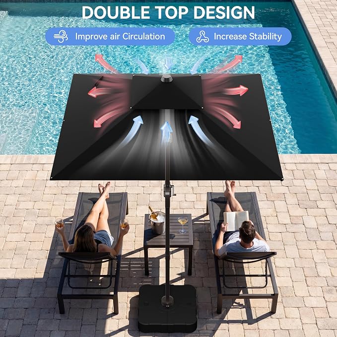 10x10FT Black Cantilever Outdoor Patio Umbrella with Base, Large Square Offset Design, Double Top Heavy Duty Aluminum Frame & 360° Rotation for Pool Garden Deck Backyard