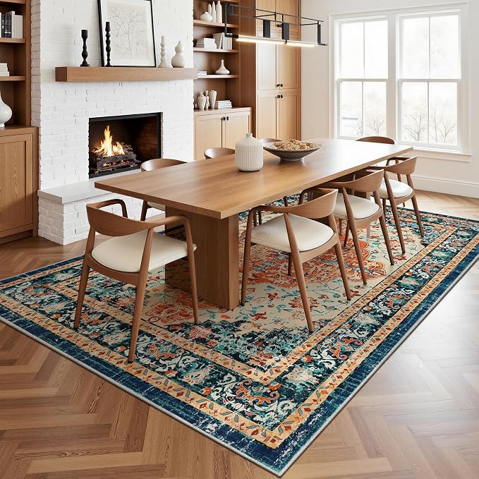 U'Artlines Boho Vintage Area Rug 5x7 Machine Washable Carpet,Orange/Multi | Low Pile, Non Slip, Ultra-Thin Soft Floor Carpet, Accent Rug for Living Room Bedroom Entryway Dining Room Office