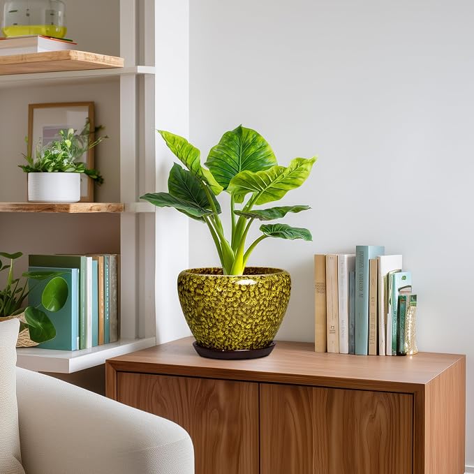 8 Inch Ceramic Flower Pot, Yellow Leopard | Drainage Hole and Saucer, Indoor Outdoor Use, Round Plant Pot, Decorative Planter