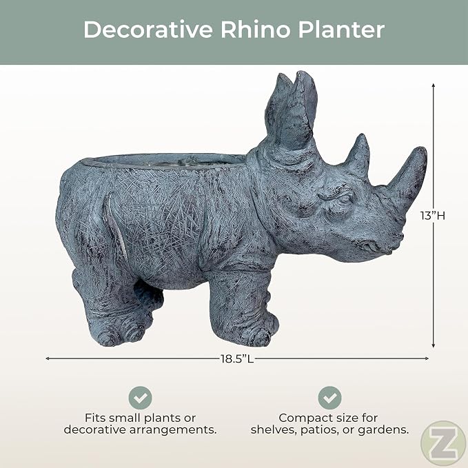 Zeckos Charming Grey Rhino MGO Planter with Drain Holes, 18.5 inches - Weather-Resistant Magnesium Oxide for Garden or Patio Decor - Unique Animal Theme Planter, Perfect for Indoor/Outdoor Use