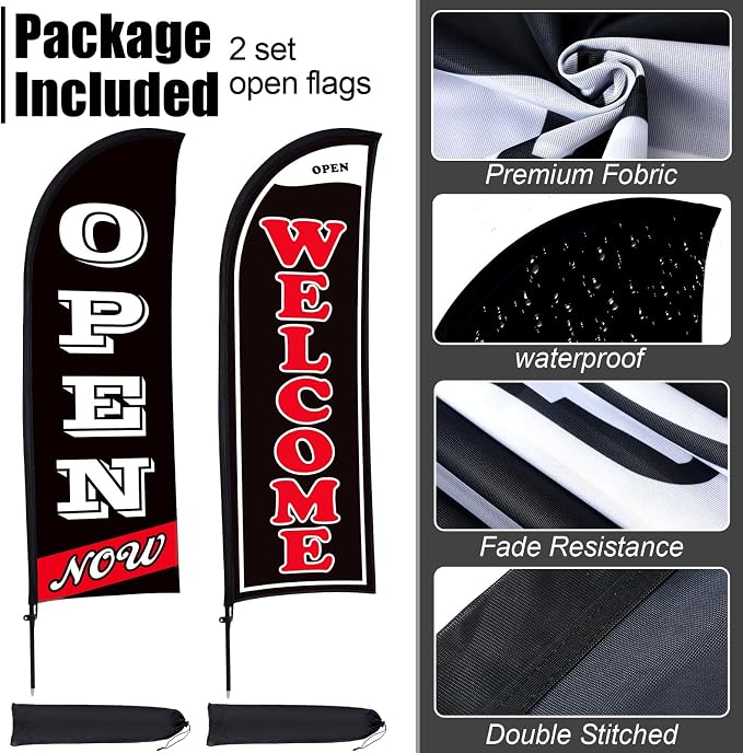 Buryeah 2 Sets Now Open Flag Banner for Business Advertising 7 ft Feather Flag Sign with Flagpole Ground Stake Portable Bag(Black)
