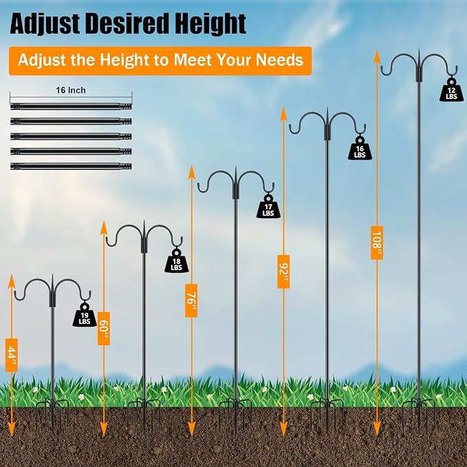 FEED GARDEN Adjustable Double Shepherds Hook for Outdoor with 5 Prong Base 108 Inch Heavy Duty Two Sided Bird Feeder Pole for Hanging Plant Baskets, Solar Light Lanterns, Wind Chimes 2 Pack