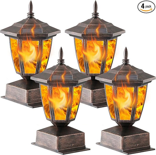 Dynaming 4 Pack Solar Flame Post Lights Outdoor, Solar Powered Lamps Fence Post Cap Lights, Flickering Flame LED Lantern Waterproof for Garden Deck Patio, Fit 4x4, 5x5 or 6x6 Wooden Posts, Bronze