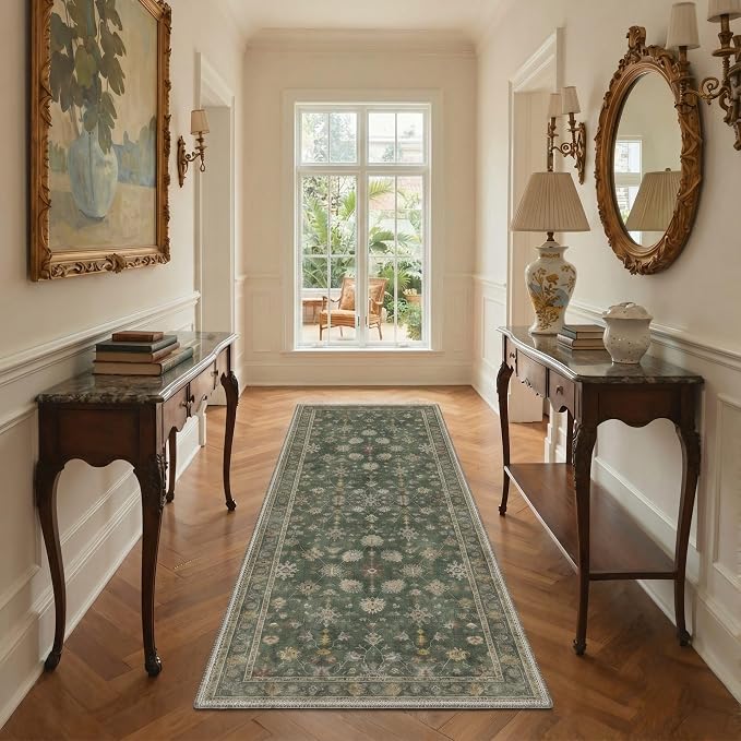 2x3 Doormat, Vintage Floral Washable Non Slip Area Rug for Entrance | Floral Soft Low Pile Boho Small Rug for Entryway Bedside Kitchen, Stain Resistant Lightweight Easy Care Rug, Dusty Green