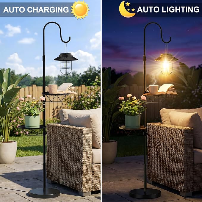 Candieslife 61" H Solar Lights Outdoor with Plant Stands - Metal Shepherd Hook Lantern, Waterproof Floor Lamp with Heavy Base for Patio Porch Deck Yard Garden Decor
