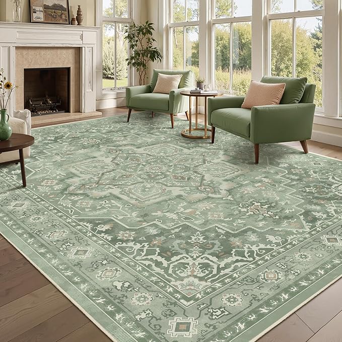 8x10 Sage Green Rugs for Living Room, Modern Vintage Medallion Washable Large Rug for Playroom Bedroom, Cozy Cottagecore Low Pile Thin Soft Carpet Rugs for Dining Room Soft Green