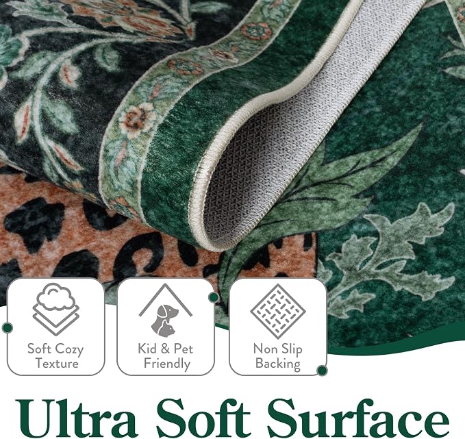Moynesa Leopard Washable Rugs, 8x10 Area Rugs for Living Room, Soft Large Jaguar 8x10 Bedroom Rug, Non Slip Ultra Thin Floor Carpet for Dining Room Home Office, Green