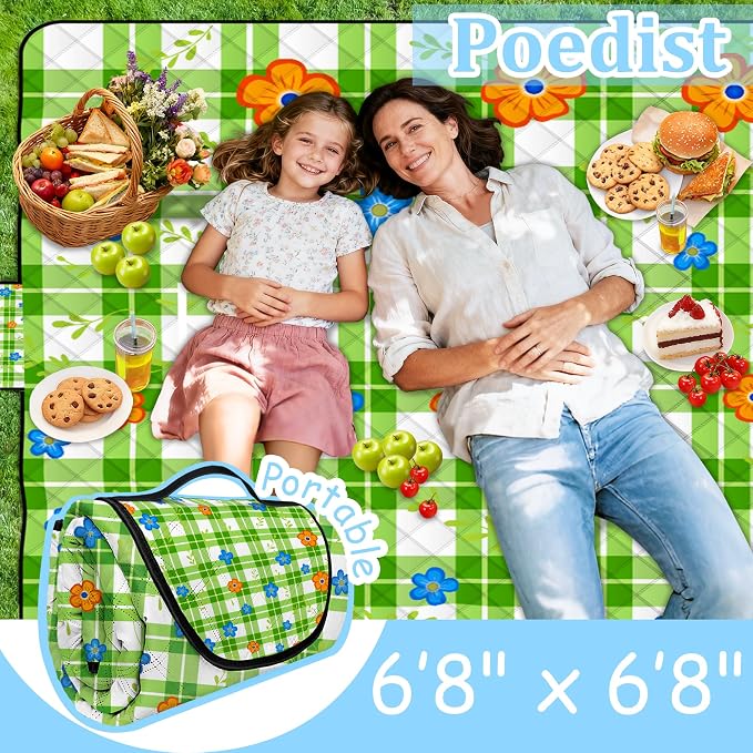 Extra Large Picnic Blanket Waterproof,80"x 80"Foldable Machine Washable Beach Blanket,Outdoor Blanket for 6-8 Adults,Suitable for Indoor Crawling,Park Beach,Camping,Hiking,Family Travel(Green)