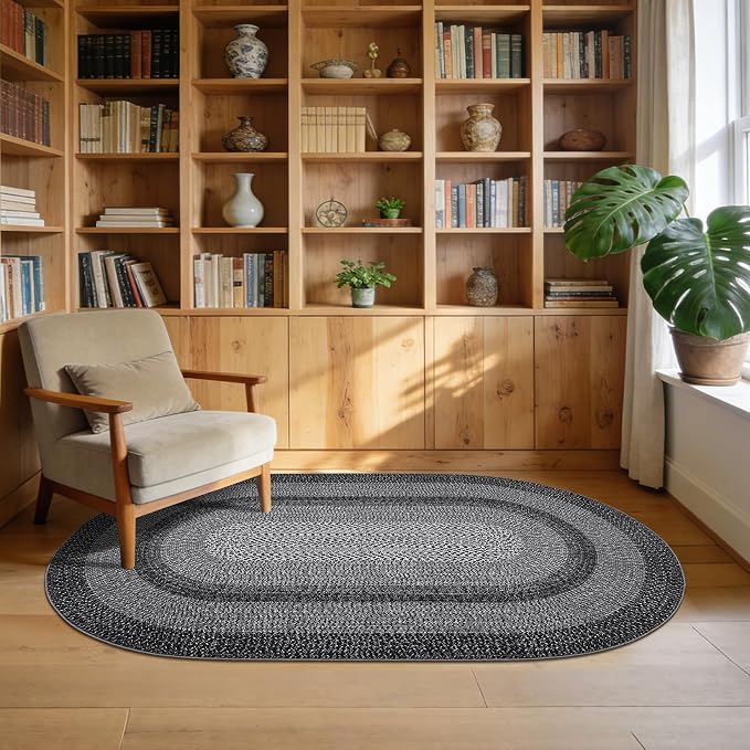 RUGSREAL 5x8 Oval Washable Rug Living Room Modern Border Bedroom Area Rugs | Non Slip Low Pile Dining Room Goemetric Oval Throw Carpet Contemporary Rugs for Living Room Kitchen Nursery, Black