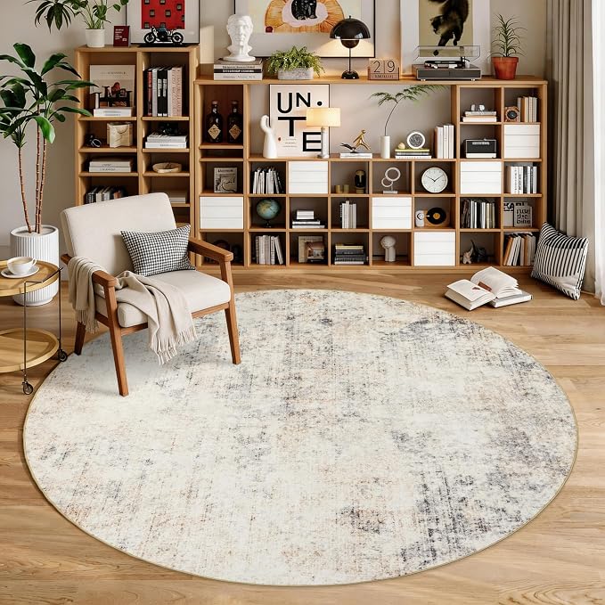 Large Round Rug 6ft: Neutral Round Area Rugs for Living Room Dining Room Bedroom - Soft Non-Slip Circle Carpet 6' - Modern Abstract Beige