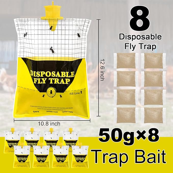 Outdoor Fly Traps for Patio, 8 Pack Pre-Baited Big Fly Bags Outdoor Disposable, Hanging Fly Catcher Hunter Stable Horse Ranch Control Repellent Killer for Barn, Farm