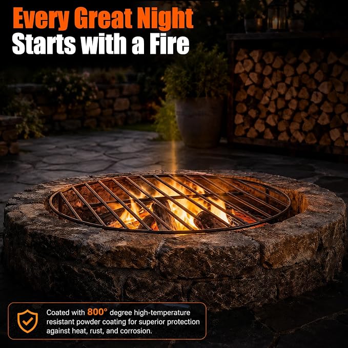 36 Inch Fire Pit Grate Round Heavy-Duty Steel Fire Pit Grate with Elevated Legs, Multi-Functional Log Holder for Fireplace Outdoor Camping, Backyard Barbecue, Cooking