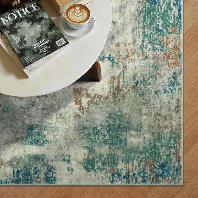 Lahome Modern Abstract Area Rugs 3x5 Washable Rug, Throw Rugs for Bedroom Low Pile Anti Slip, Distressed Accent Carpet for Entryway Kitchen Bathroom Laundry Front Door, Green/Grey