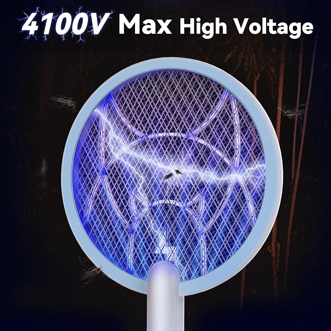 Nymrix Electric Fly Swatter Racket, 2 in 1 Mosquito Bug Zapper 4100V Max Handheld Mosquito Killer with 1800 mAh Rechargeable Battery, Purple Light and 3-Layer Safety Mesh for Indoor Outdoor Blue