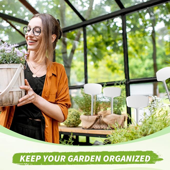 Weysat 100 Pack Outdoor Plant Markers 14.2 Inch Garden Labels with Pen Waterproof T Type Plastic Plant Tags Durable Nursery Garden Markers for Herbs Seed Pot Flowers Vegetable