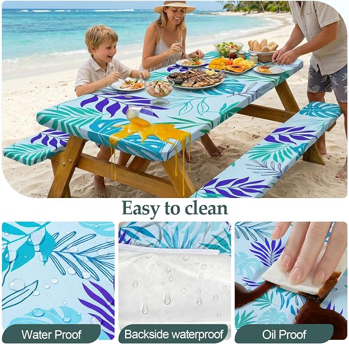 Play Tailor Picnic Table Cover with Bench Covers Camping Essentials Waterproof Windproof Camping Tablecloth with Drawstring Bag, Fitted Rectangle Tables and Seats, 60in, Light Green Blue