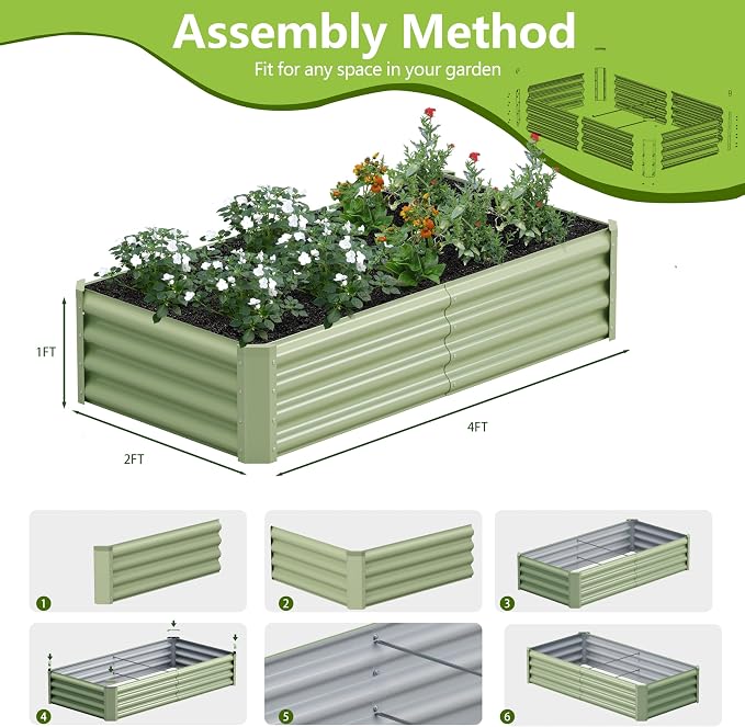 2PCS 4x2x1FT Galvanized Raised Garden Bed, Galvanized Planter Raised Garden Boxes Outdoor, Large Metal Raised Garden Beds for Vegetables-Green