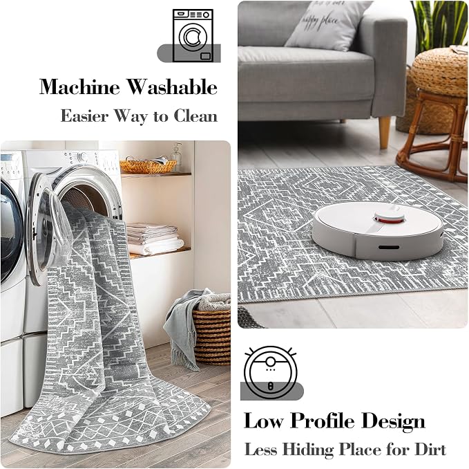Wonnitar Moroccan Area Rugs 3x5, Gray Washable Entry Rug,Non-Slip Boho Small Bedroom Throw Mat, Non-Shedding Farmhouse Soft Low Pile Floor Carpet for Kitchen Bathroom Living Room (Silver Grey,3'x5')
