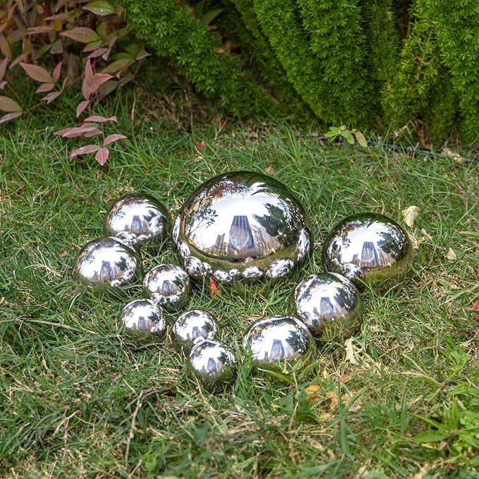 10 Pack Stainless Steel Gazing Balls, 50-150 mm Garden Mirror Globe Floating Pond Sphere, Silver Polished Hollow Ball Reflective Ornament for Home Yard Outdoor Lawn Decoration