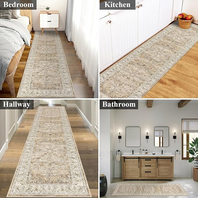 U'Artlines 2' x 8' Boho Hallway Runner Rug Non Slip Runners,Cream Tan | Washable, Vintage Farmhouse Kitchen Rug Accent Area Carpet for Entryway Laundry and Living Room